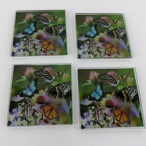 Set of Four Butterfly Print Square Glass Coasters